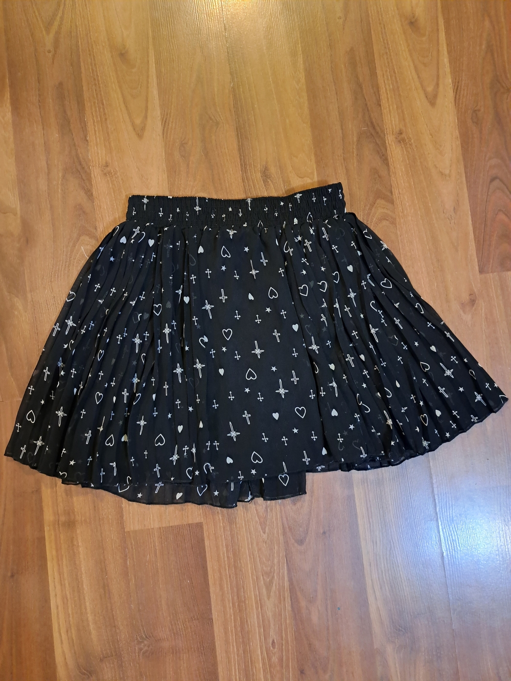 Black Circle Skirt with White Heart & Cross Print. Whimisgoth, Celestial, Faith